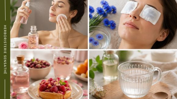 Utilisations des eaux florales en cosmétique, pour les yeux, en cuisine et diluées dans l’eau - Herboristerie Sensathé